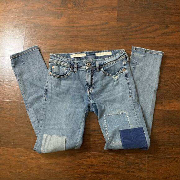 Pilcro & the Letterpress Anthropologie blue patchwork slim boyfriend jeans 25 - Picture 14 of 15